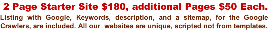 2 Page Starter Site $180, additional Pages $50 Each. Listing with Google, Keywords, description, and a sitemap, for the Google  Crawlers, are included. All our  websites are unique, scripted not from templates.